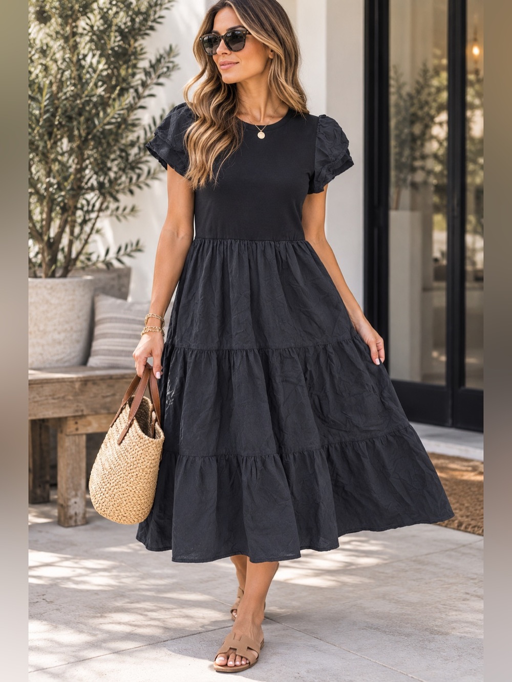 Essential Black Tiered Maxi Dress with Puff Sleeves